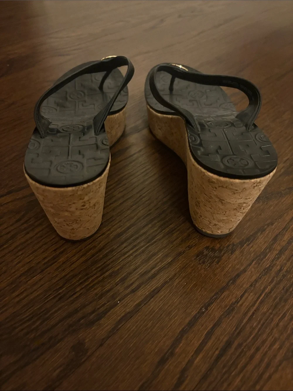 Tory Burch Black Wedge Thong Sandals with Gold Logo